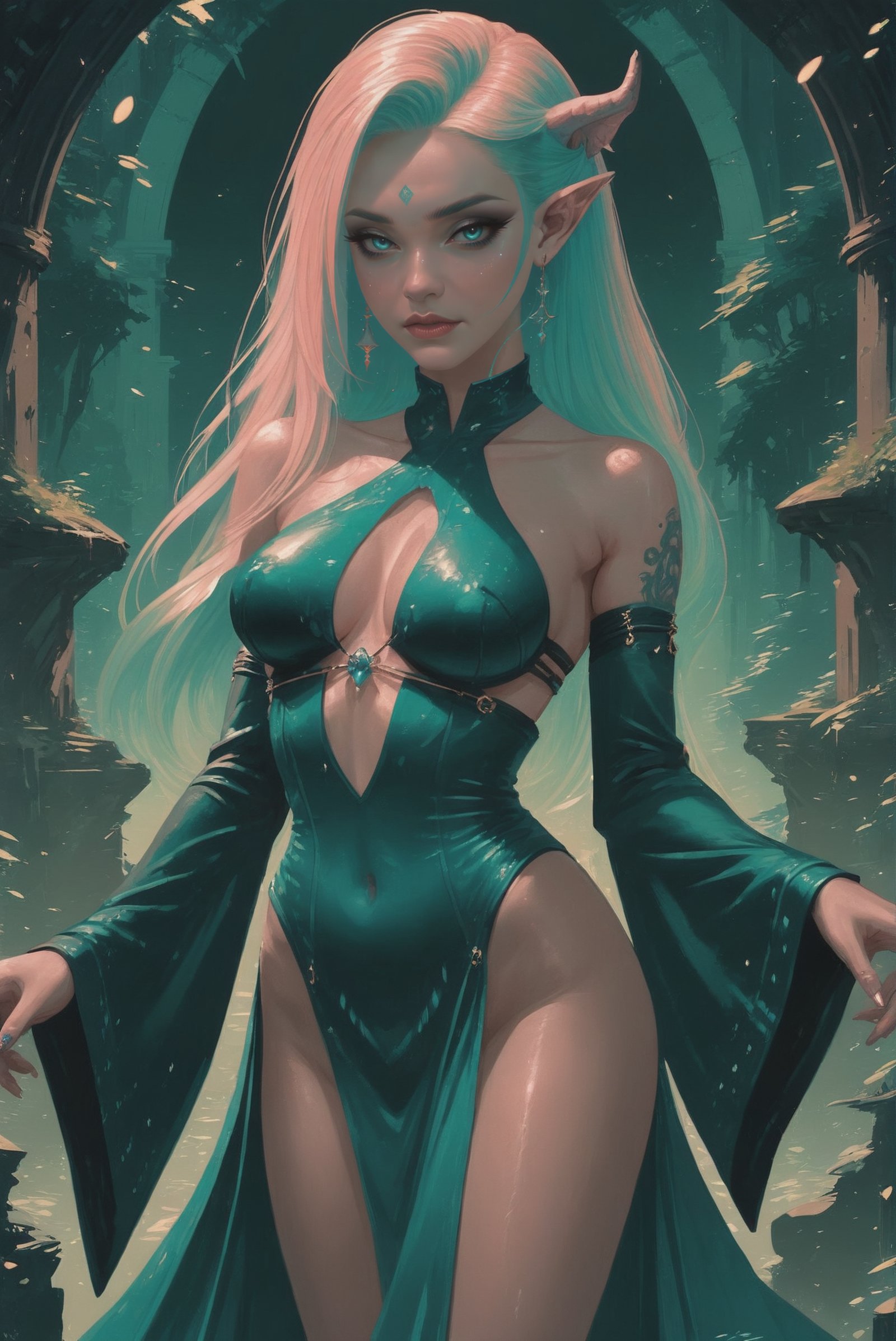 dynstopian cyberpunk,  duotone vivid sea green and dark forest green,  1girl by _Envy_ on Tensor.Art