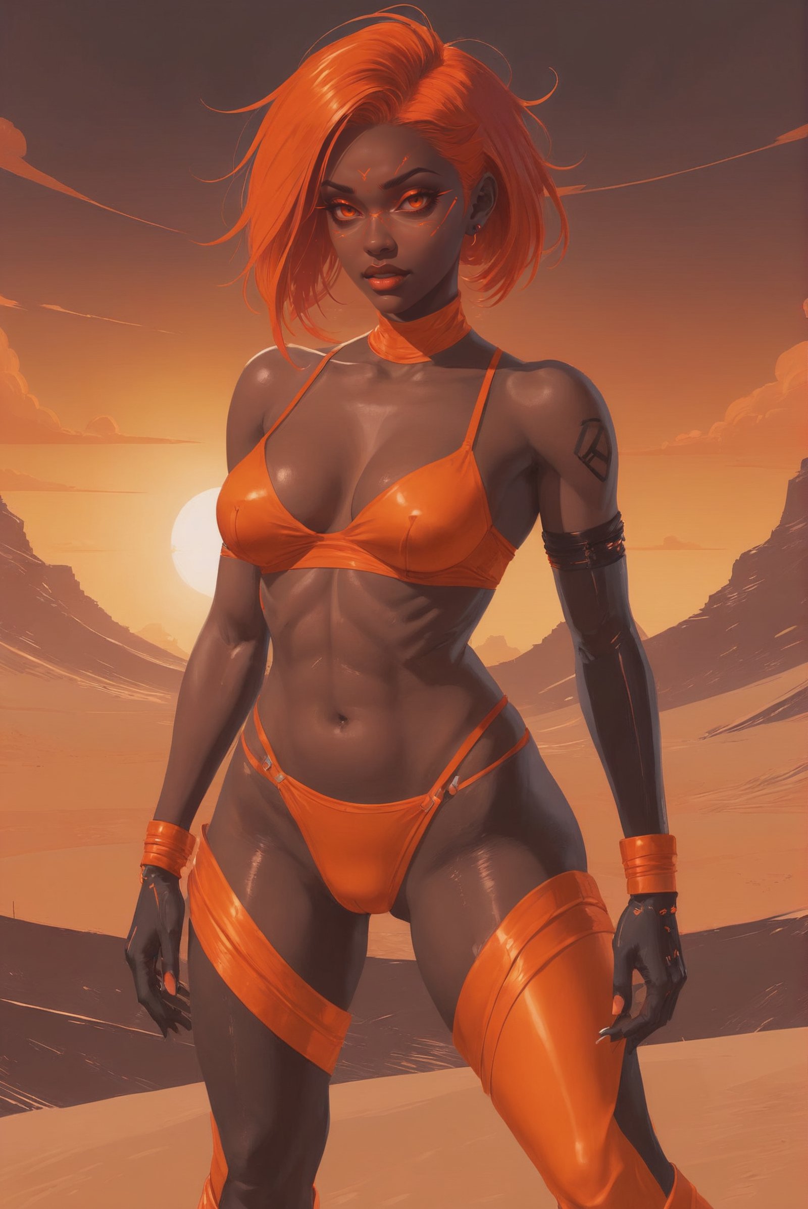 dynstopian cyberpunk,  duotone orange and neon yellow,  1girl by _Envy_ on Tensor.Art