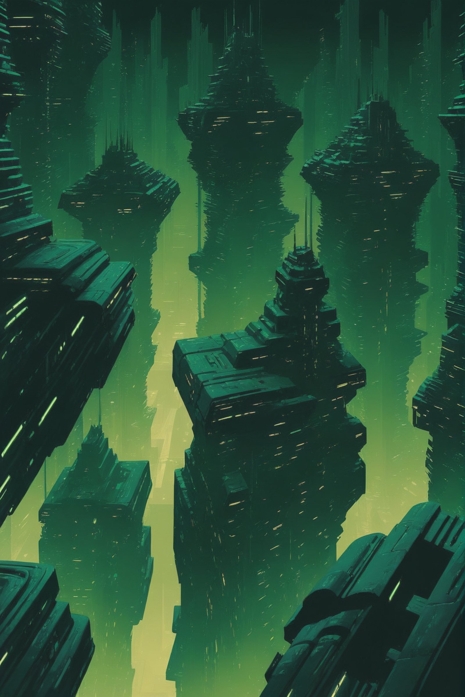dynstopian cyberpunk,  duotone deep green and glowing green,  Experimental Terraformed Pockets by _Envy_ on Tensor.Art