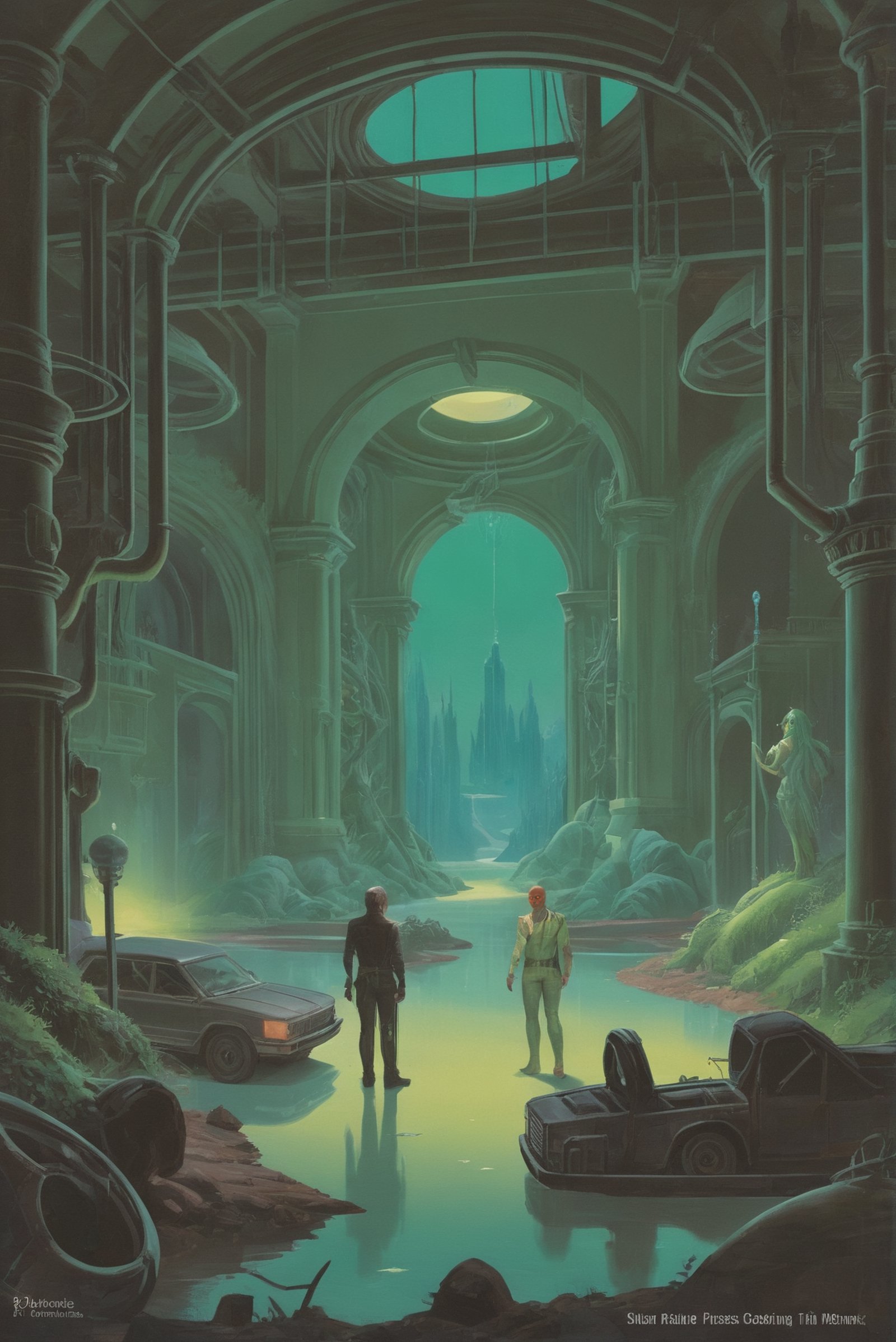 vintage 1980s pulp scifi book cover,  abandoned park in a mysterious subsurface scattering dark color:lightgreen fantasy c...