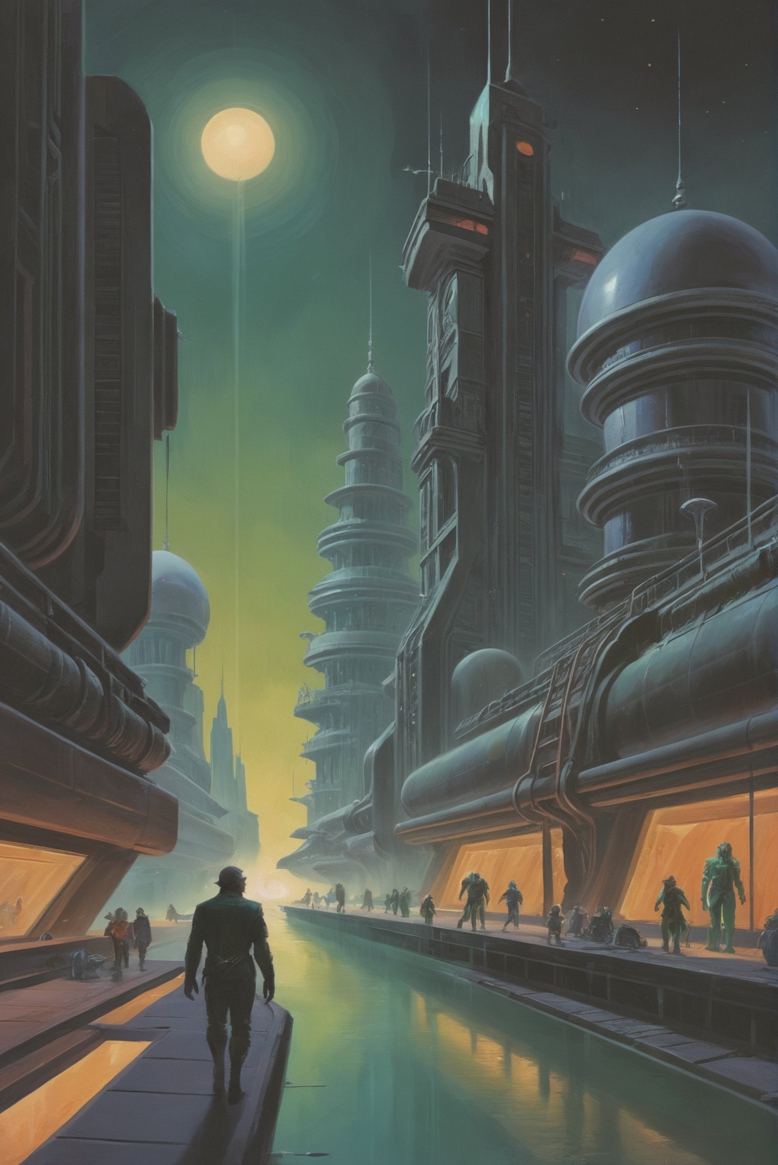 old 1980s pulp scifi painting,  wonderous,  Elusive scifi city outside of time by _Envy_ on Tensor.Art