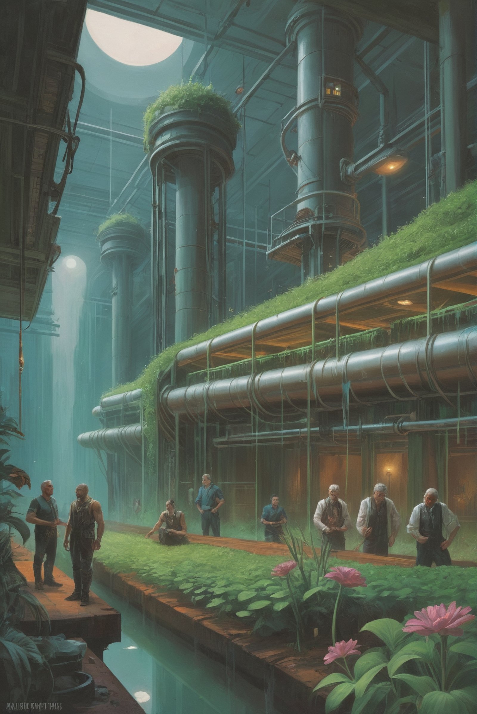 old 1980s pulp scifi painting,  hydroponic farm in a infinite fantasy megacity edge of time,  masterpiece by _Envy_ on Ten...
