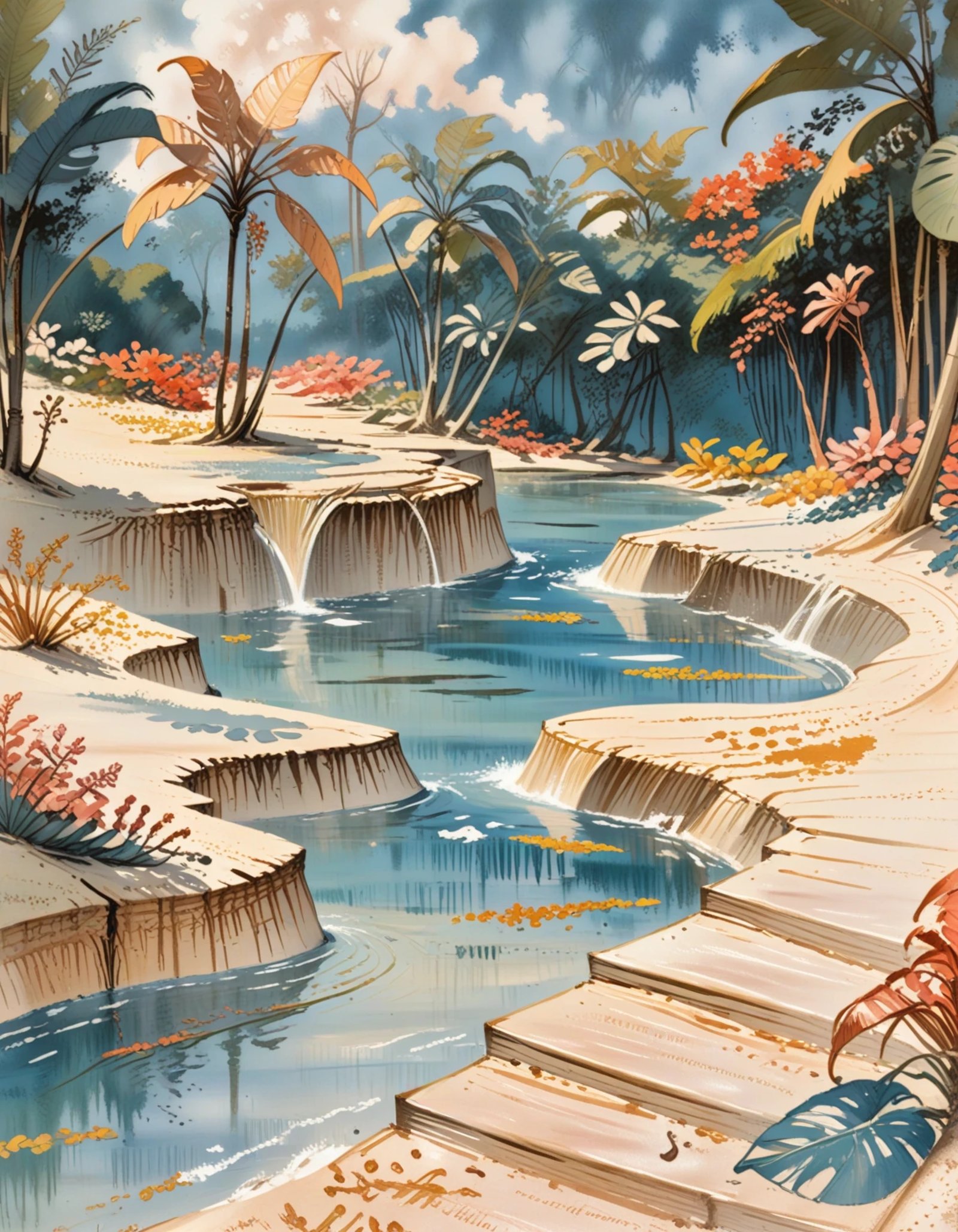A vibrant,  whimsical scene of a tropical island bathed in warm sunlight,  surrounded by clear blue waters. The island is...
