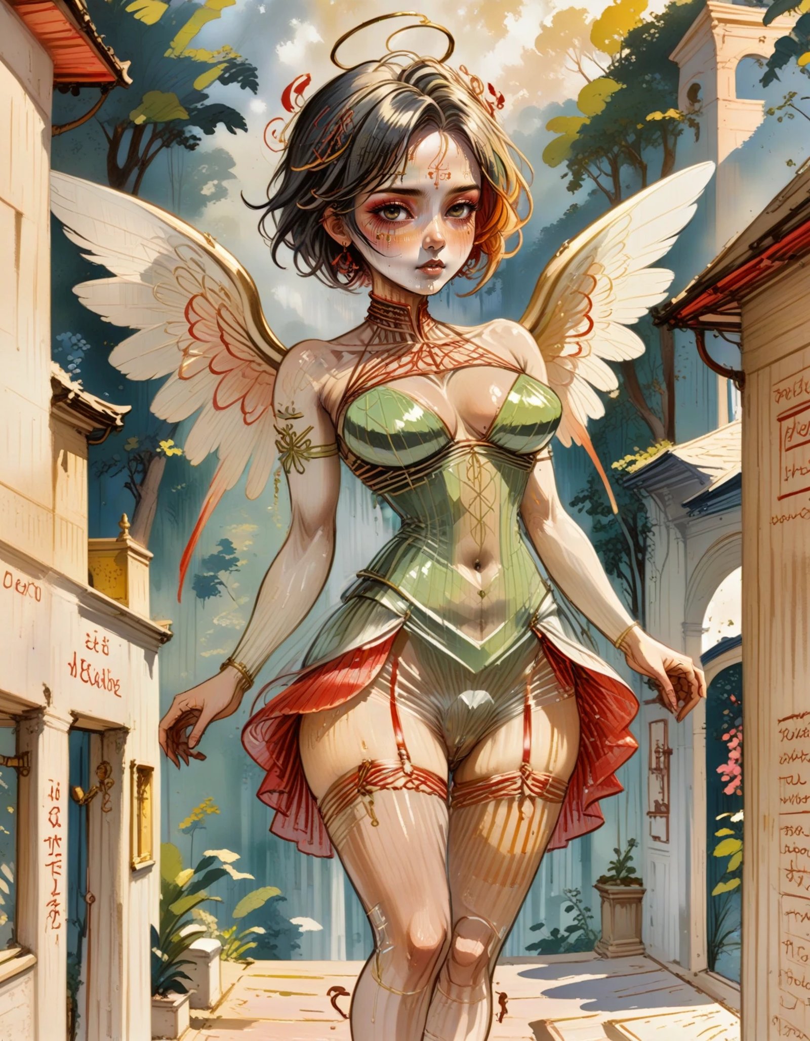 A cute angel,  with black hair and red highlights,  stands gracefully in a sunlit equatorial zone. Her formal costume feat...