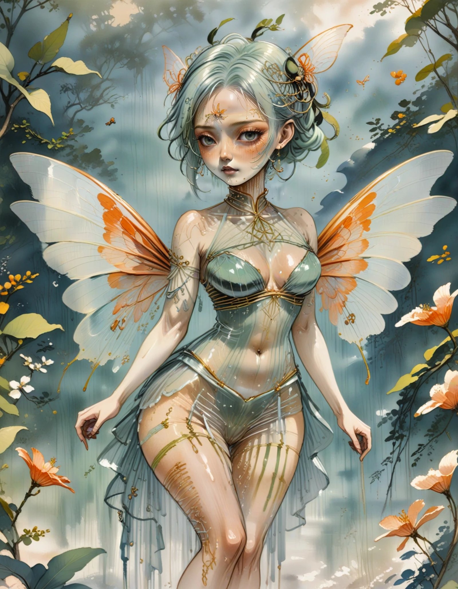 A stunning visual of a Chinese kumquat faerie with insect wings and see-through gossamer robes,  her hair styled in a play...