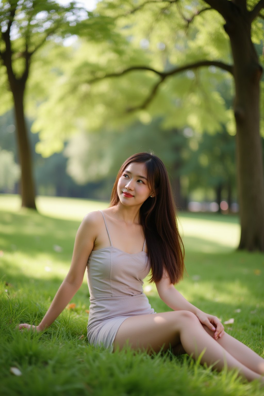A young,  pretty Chinese woman in her early 20s sits gracefully on the grass in a park in London. The sunlight filters thr...