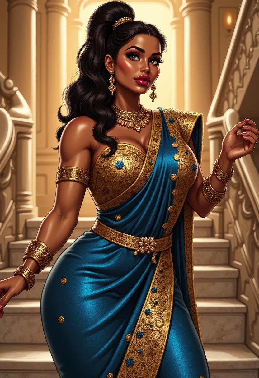 Busty indian woman in bimbofusion artstyle with an hourglass body,  small waist,  and wide hips with a big ass by Catalori...