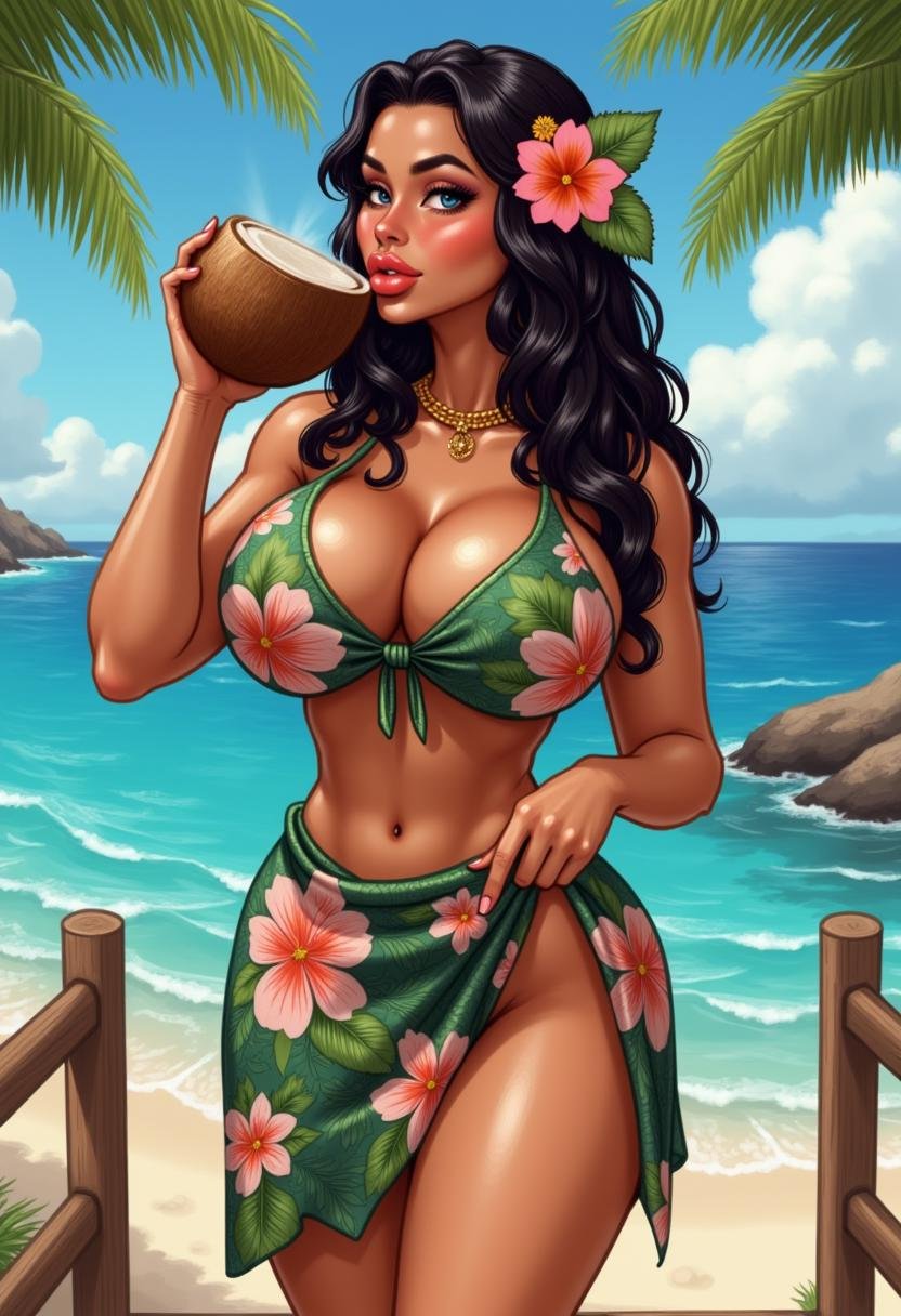 Busty Hawaiian woman in bimbofusion artstyle with an hourglass body,  small waist,  and wide hips with a big ass by Catalo...