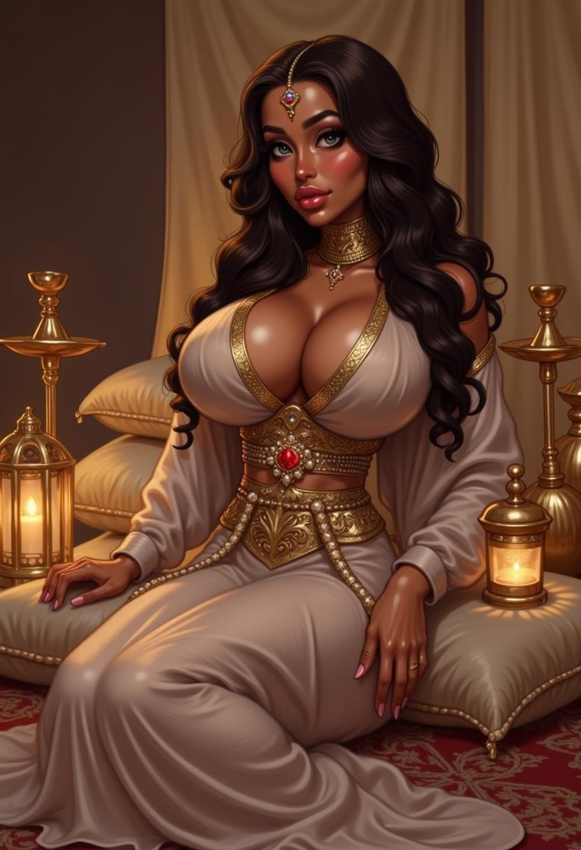 Busty arabian woman in bimbofusion artstyle with an hourglass body,  small waist,  and wide hips with a big ass by Catalor...