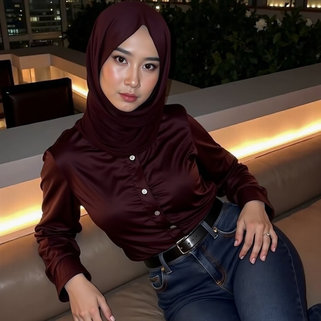 A woman named ipe sitting sideways on sofa in sexy pose,  on the rooftop of a luxurious hotel with charming decorations an...