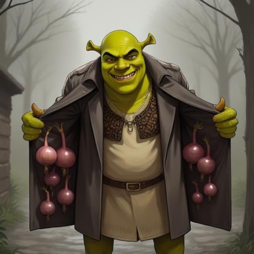 Digital illustration of Shrek as a Trenchcoat Merchant,  character that offers products stored in their Trenchcoat charact...