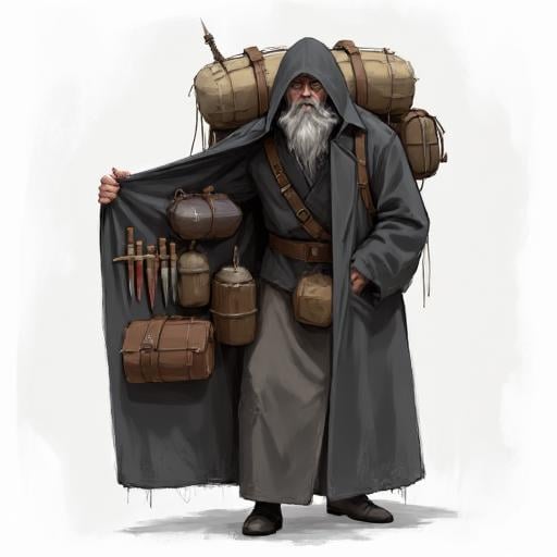 Digital illustration of Trenchcoat Merchant,  character that offers products stored in their Trenchcoat character in this...