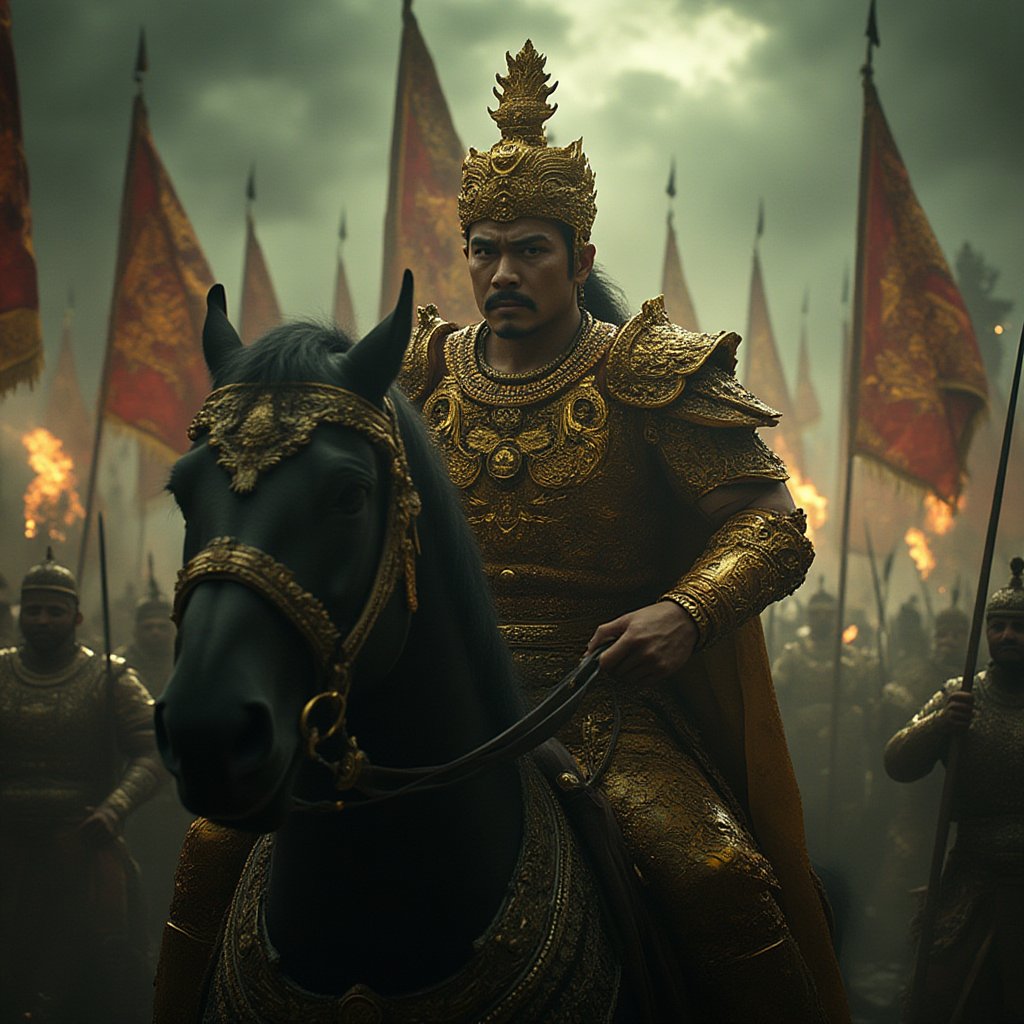 a fierce and commanding handsome tunggul4m3tung leading his royal army,  wearing golden Javanese armor,  his black horse r...