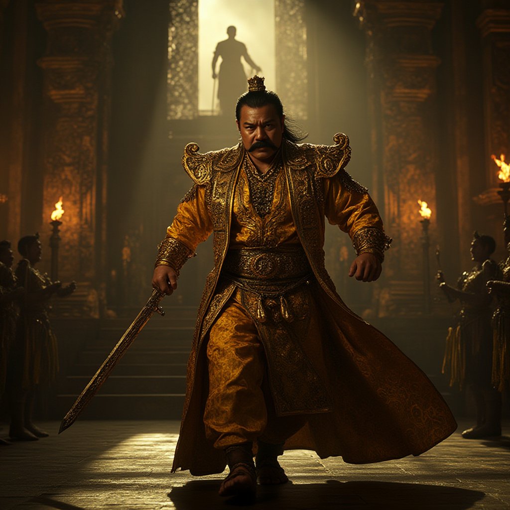 a tense and dramatic scene of tunggul4m3tung pacing in his royal chamber,  wearing an ornate golden robe with intricate ba...