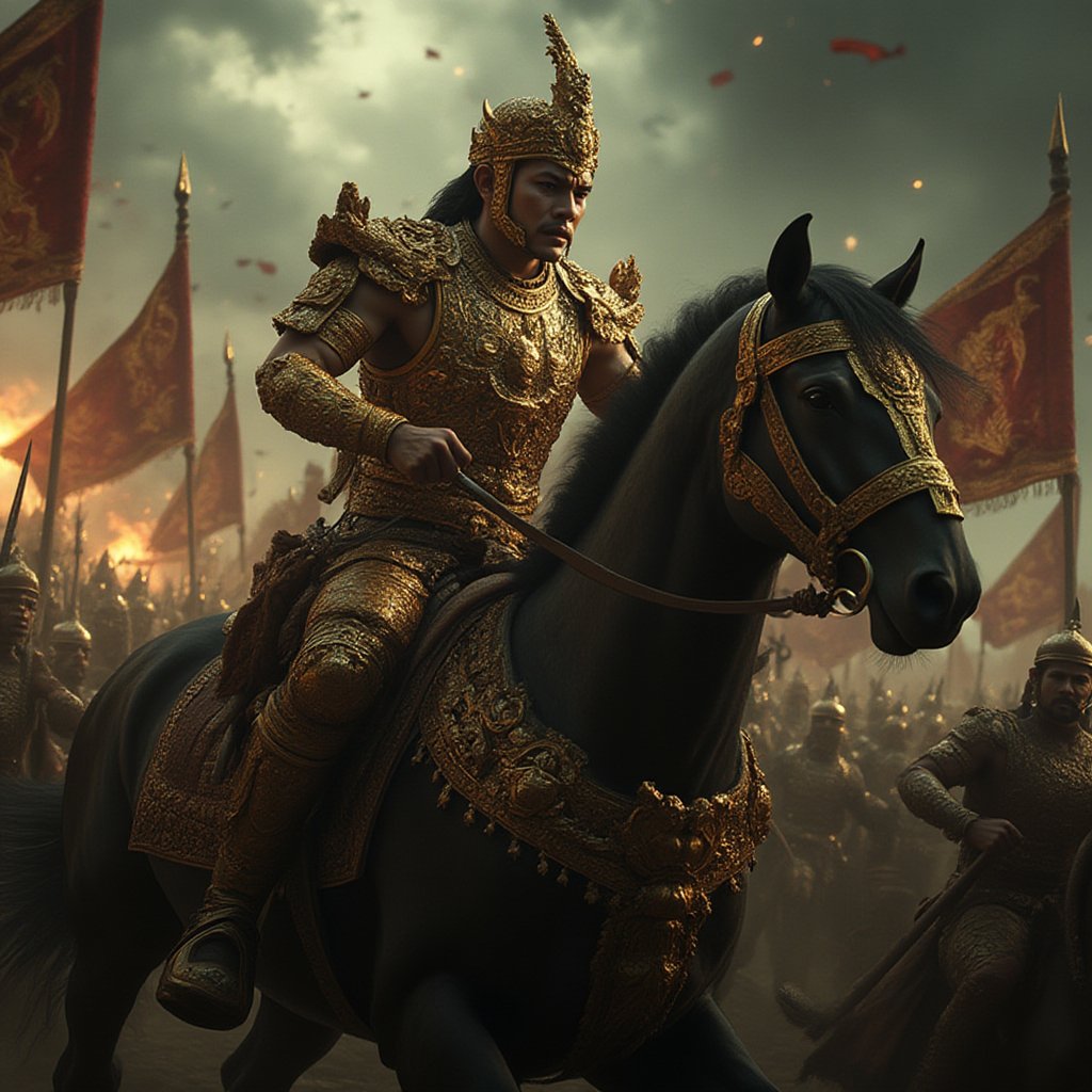 a fierce and commanding tunggul4m3tung leading his royal army,  wearing golden Javanese armor,  his black horse rearing up...