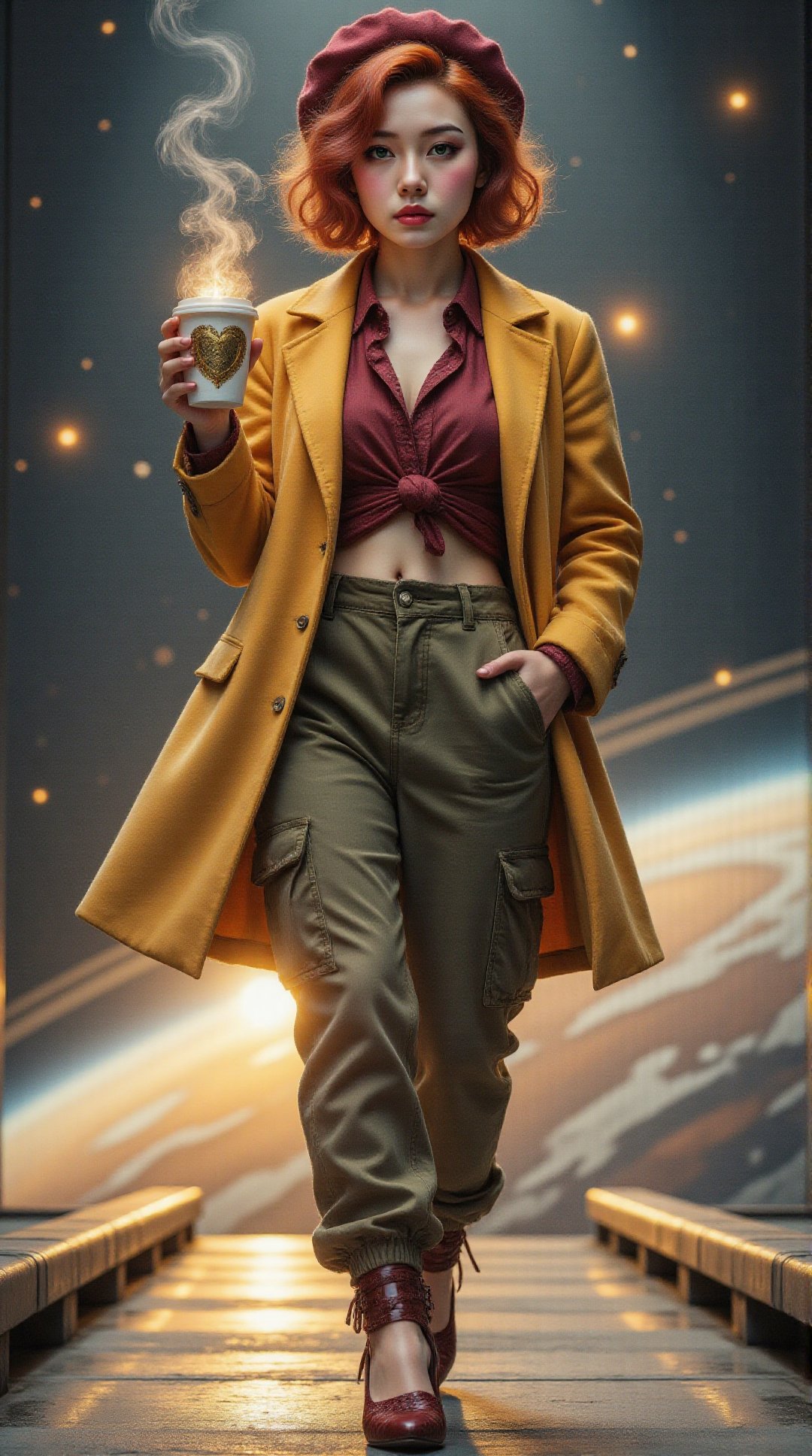 Ultra-realistic cinematic full-body shot of an elegant young woman strutting confidently on a floating catwalk suspended i...