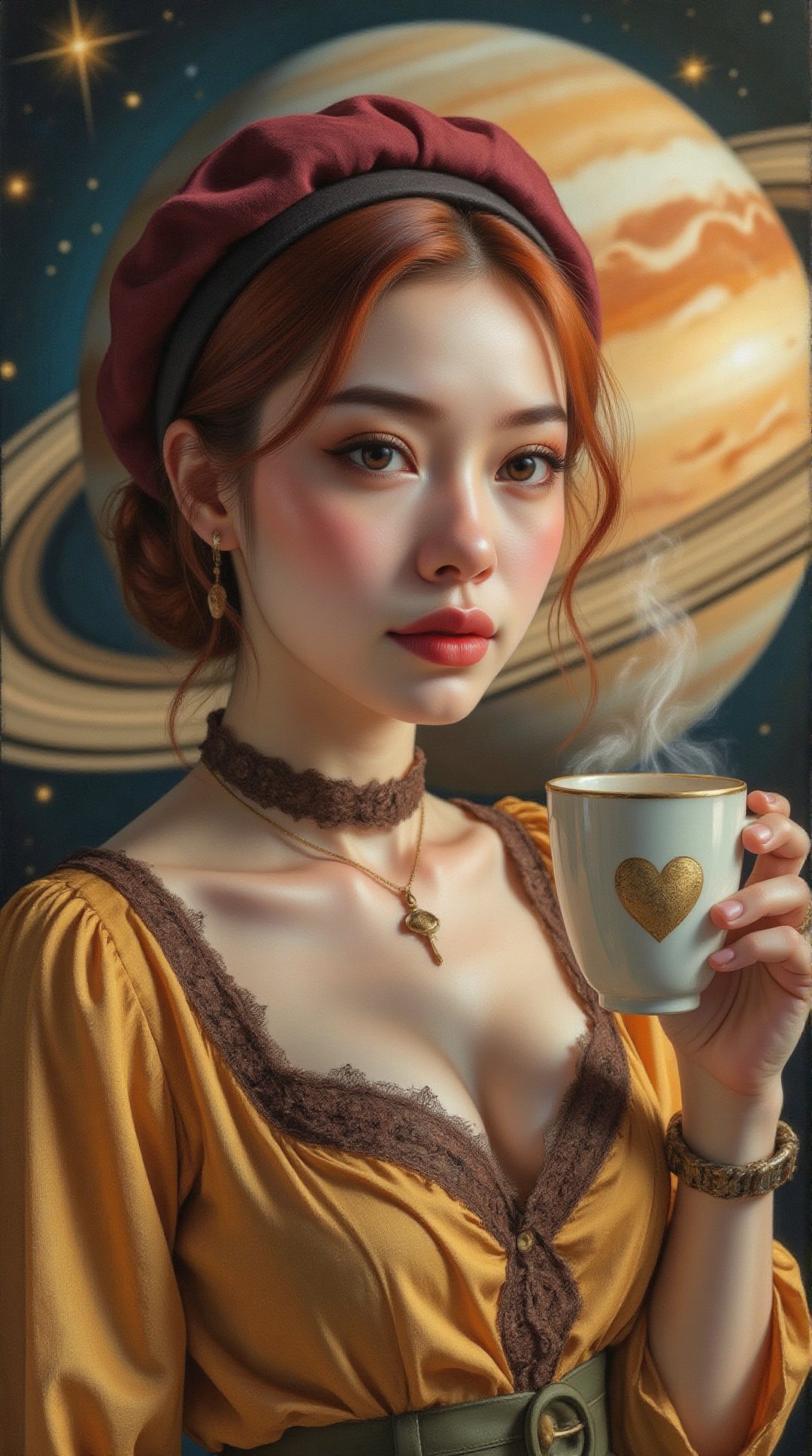 An ultra-realistic cinematic portrait of an elegant young woman,  combining Victorian grandeur with modern fashion-forward...