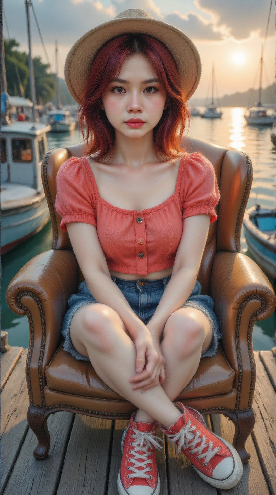 Ultra-realistic vertical 16:9 cinematic portrait of a stunning Malay woman with red hair in a sleek high ponytail,  red br...