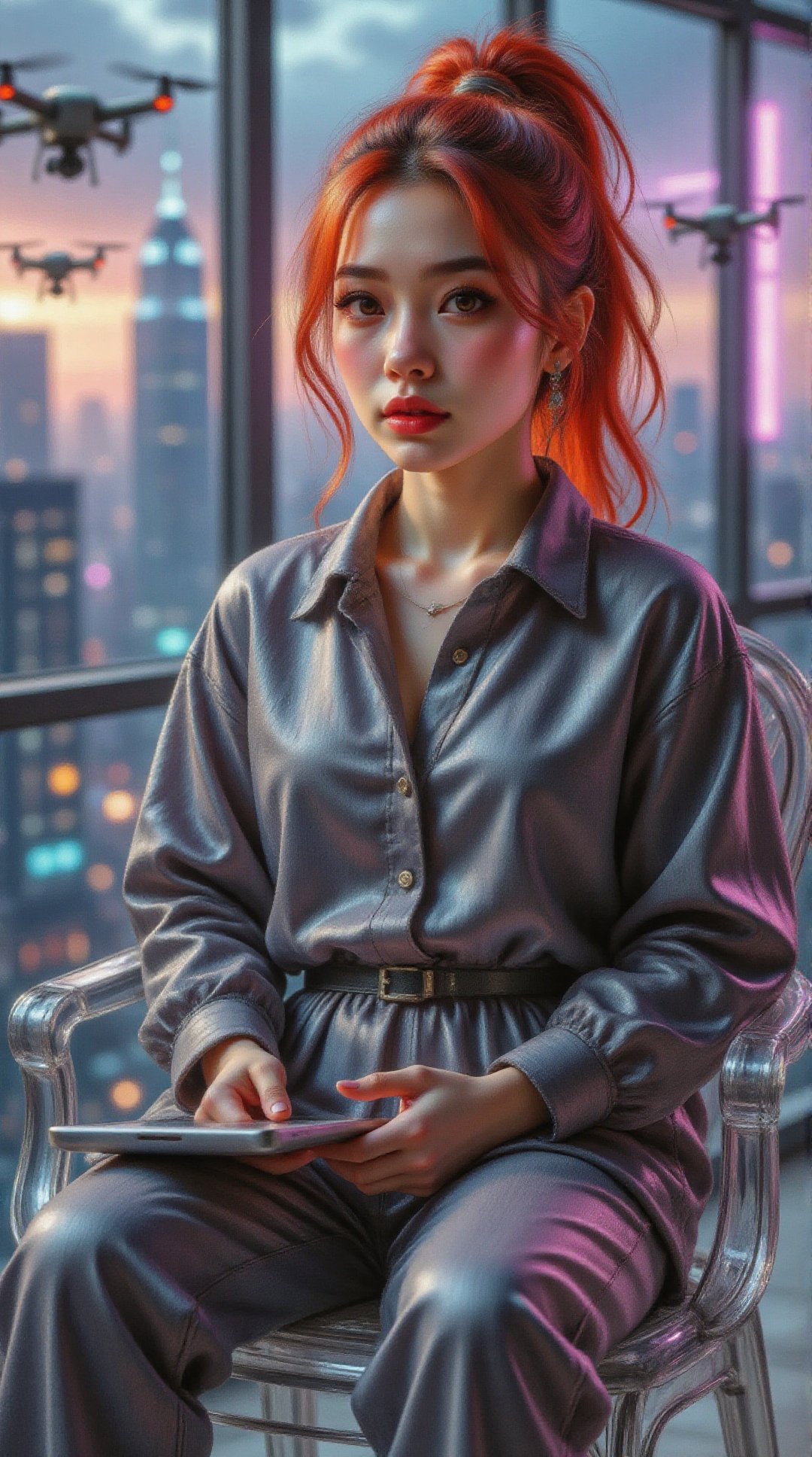 ultra-realistic vertical 16:9 cinematic portrait of a futuristic modest Malay woman with glowing red ponytail,  sleek dark...