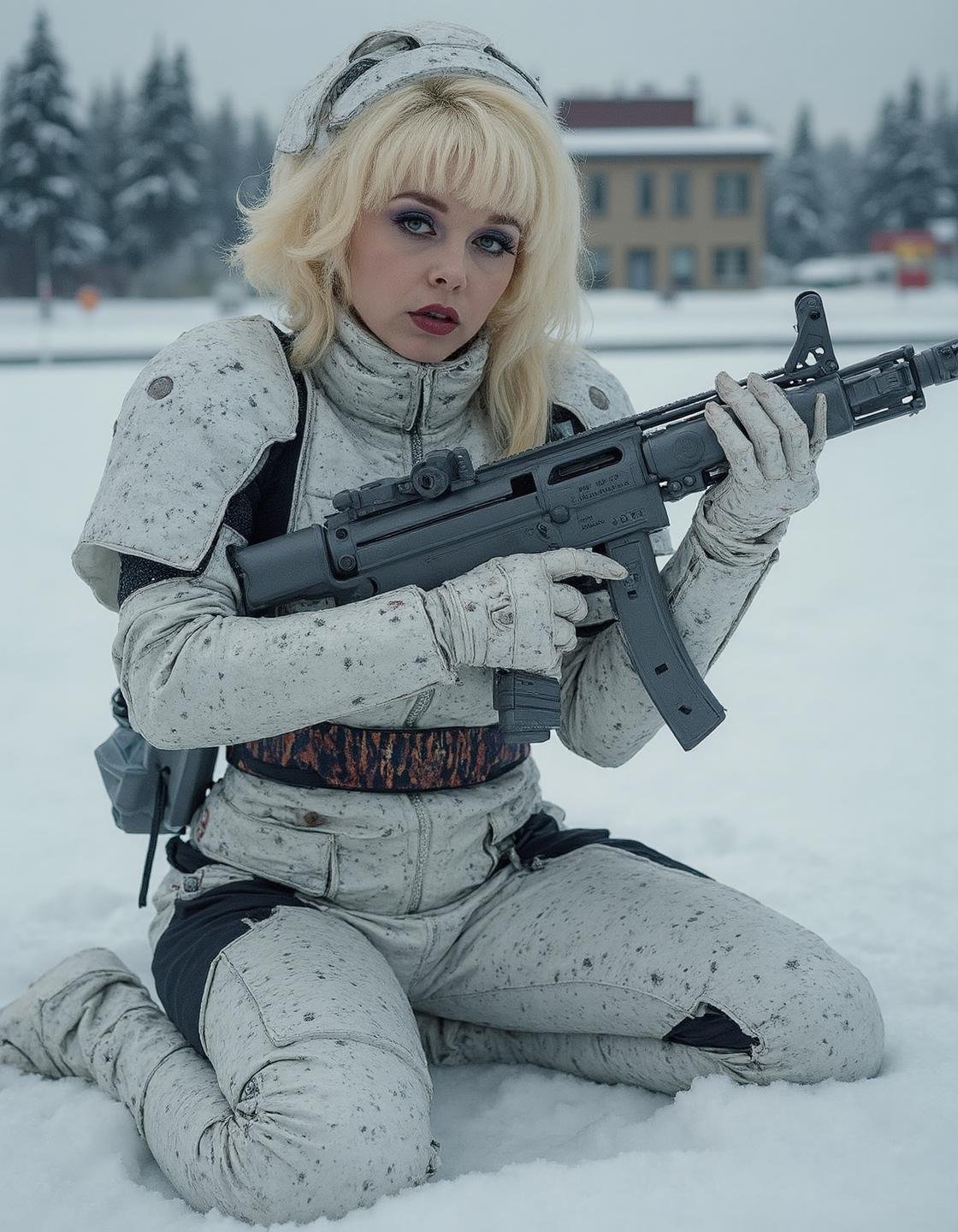 Breathtaking sfw photography,  The image shows a woman kneeling in the snow with a rifle in her hands. She is wearing a fu...
