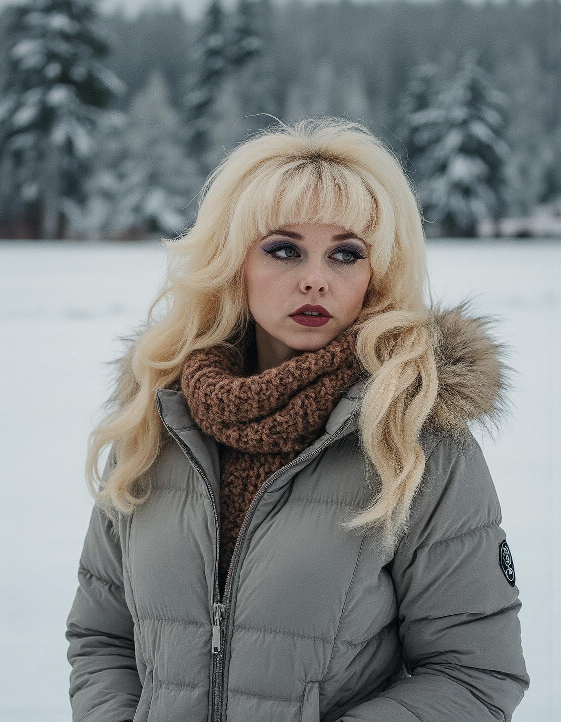 Breathtaking sfw photography,  The image is a portrait of a woman standing in a snowy landscape. She is wearing a gray puf...