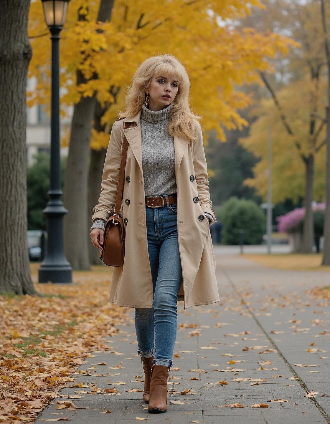 Breathtaking sfw photography,  The image shows a woman walking in a park during autumn. She is wearing a long beige trench...