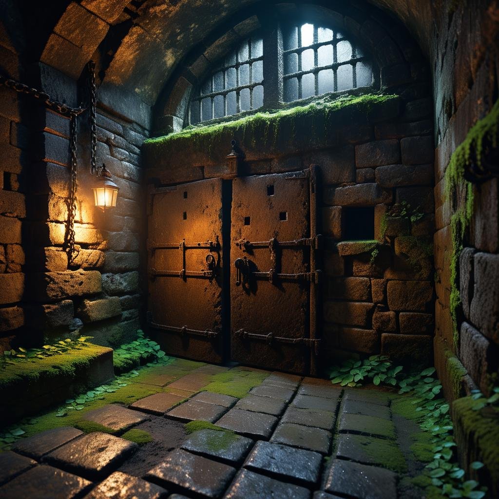 A dark and grim medieval castle dungeon,  designed for imprisoning captives. The walls are made of aged,  damp stone brick...