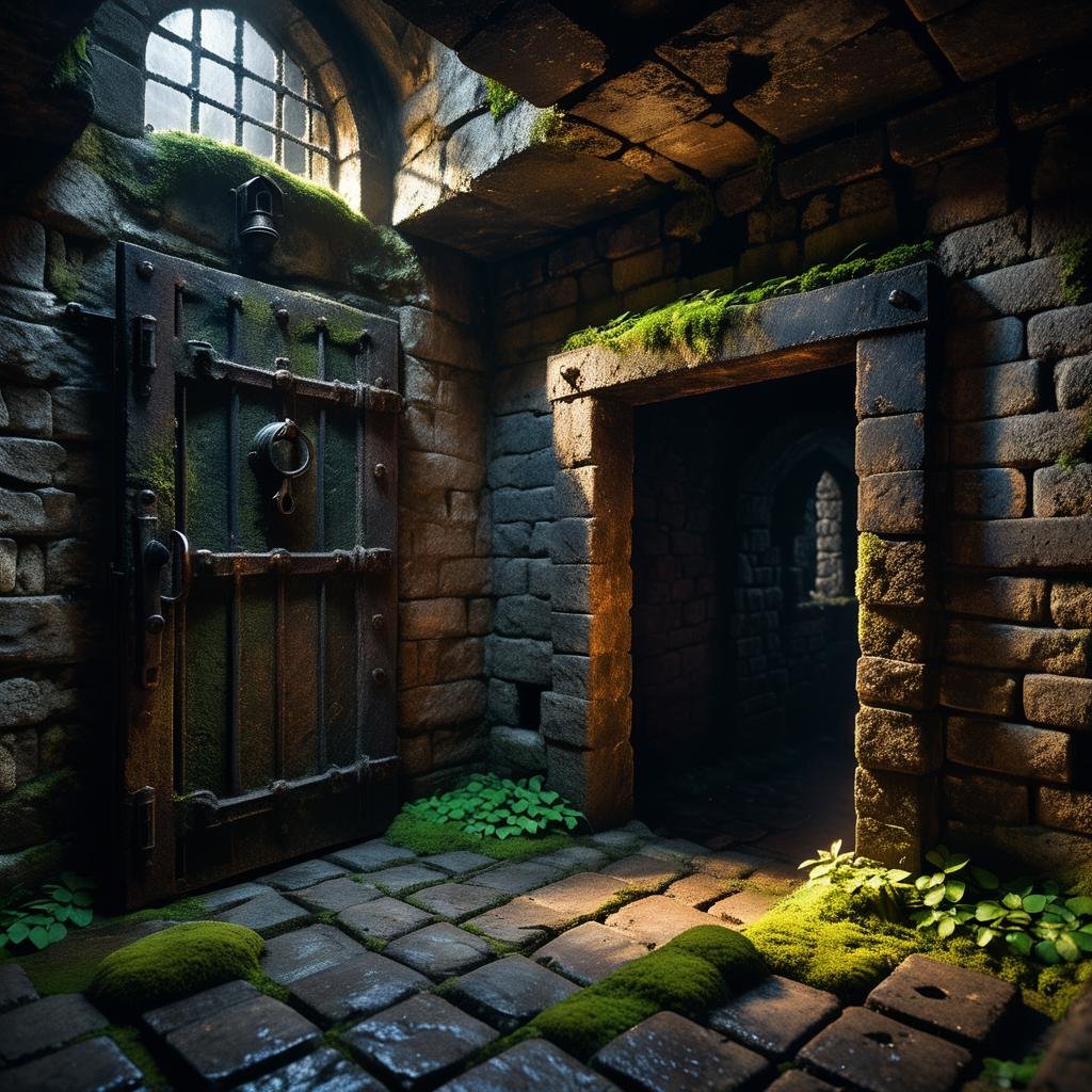 A dark and grim medieval castle dungeon,  designed for imprisoning captives. The walls are made of aged,  damp stone brick...