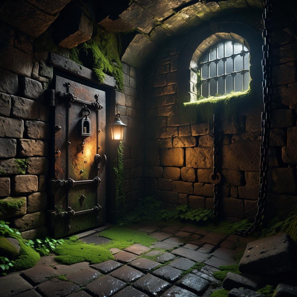 A dark and grim medieval castle dungeon,  designed for imprisoning captives. The walls are made of aged,  damp stone brick...