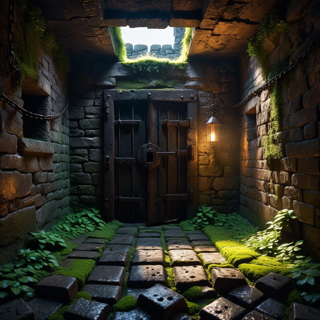 A dark and grim medieval castle dungeon,  designed for imprisoning captives. The walls are made of aged,  damp stone brick...