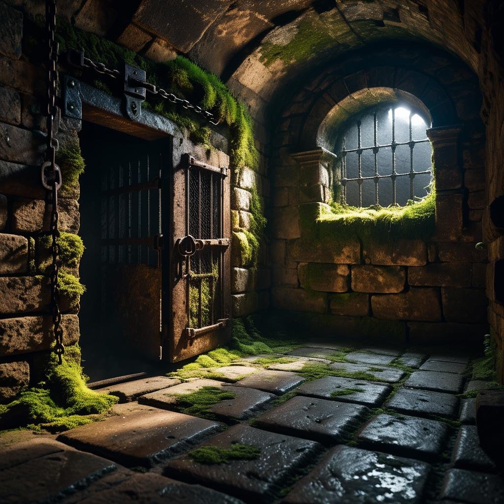 A dark and grim medieval castle dungeon,  designed for imprisoning captives. The walls are made of aged,  damp stone brick...