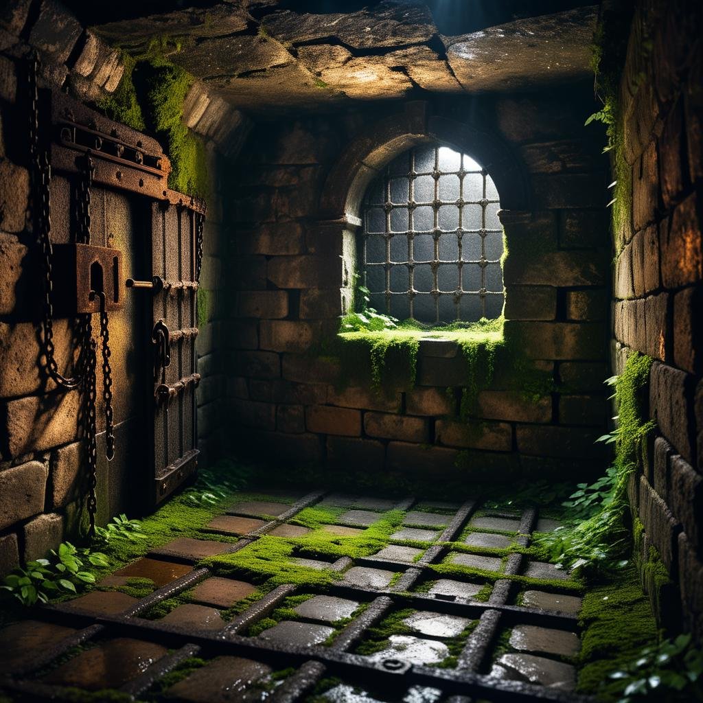 A dark and grim medieval castle dungeon,  designed for imprisoning captives. The walls are made of aged,  damp stone brick...