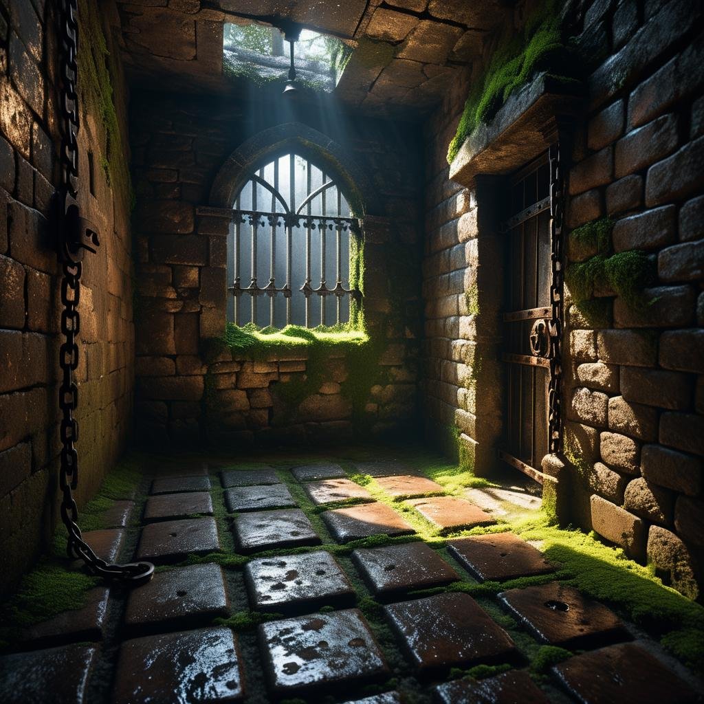A dark and grim medieval castle dungeon,  designed for imprisoning captives. The walls are made of aged,  damp stone brick...