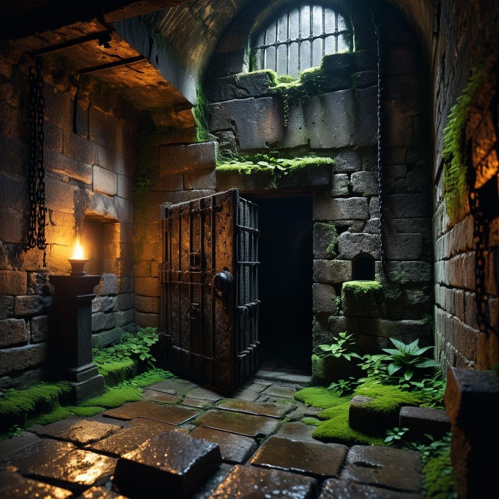 A dark and grim medieval castle dungeon,  designed for imprisoning captives. The walls are made of aged,  damp stone brick...