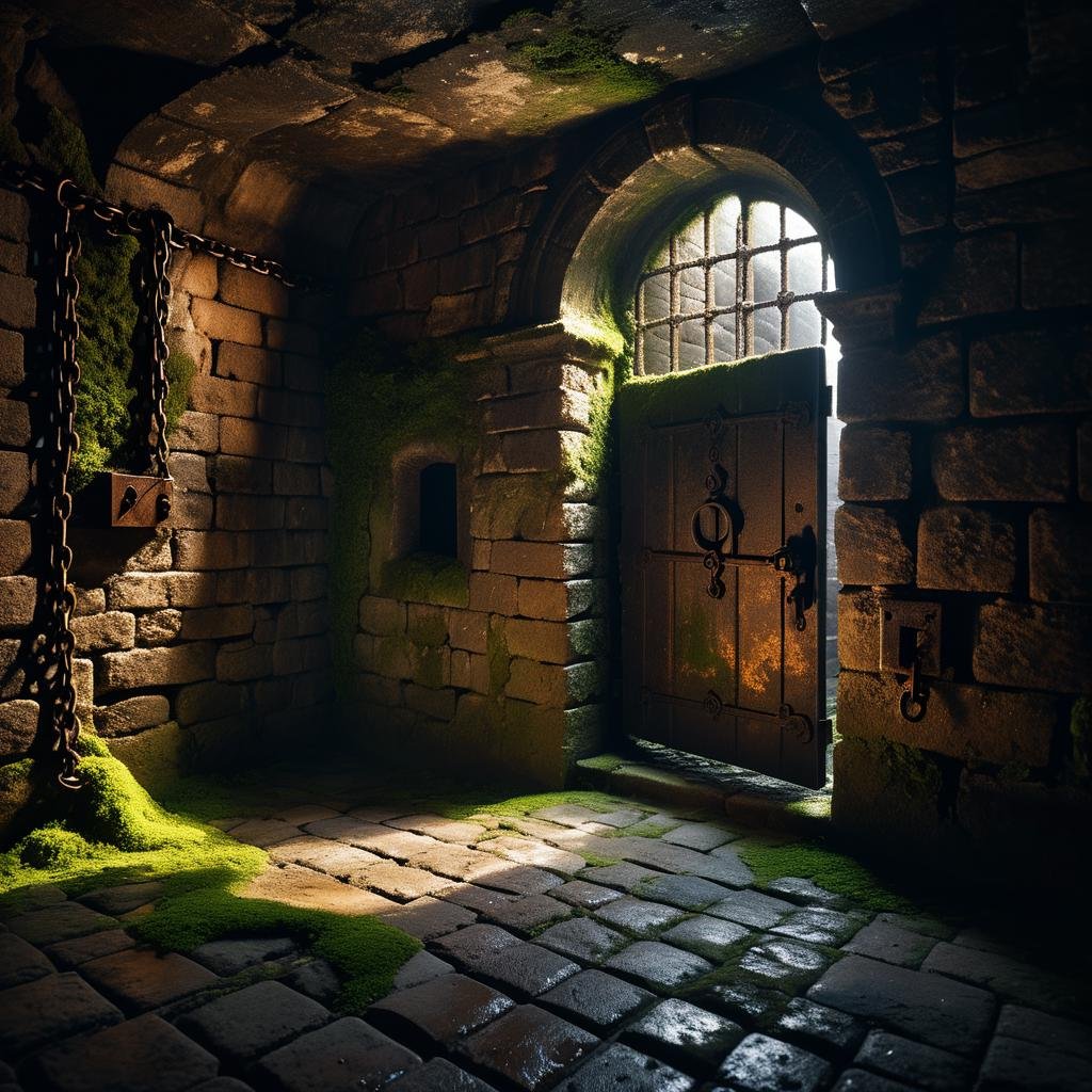 A dark and grim medieval castle dungeon,  designed for imprisoning captives. The walls are made of aged,  damp stone brick...