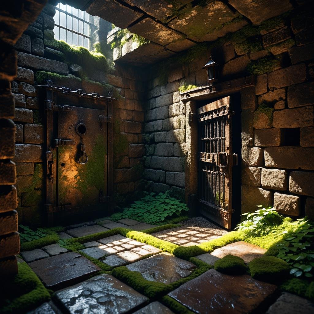 A dark and grim medieval castle dungeon,  designed for imprisoning captives. The walls are made of aged,  damp stone brick...