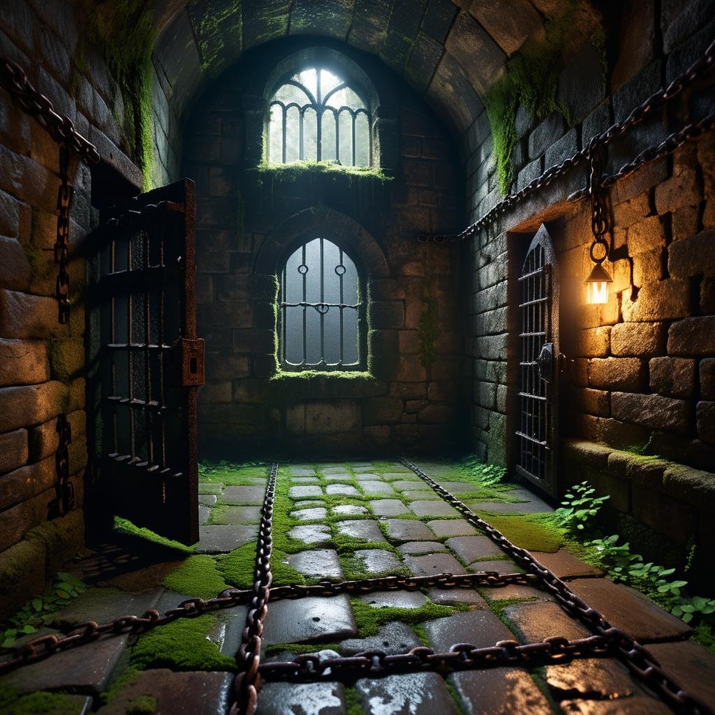 A dark and grim medieval castle dungeon,  designed for imprisoning captives. The walls are made of aged,  damp stone brick...