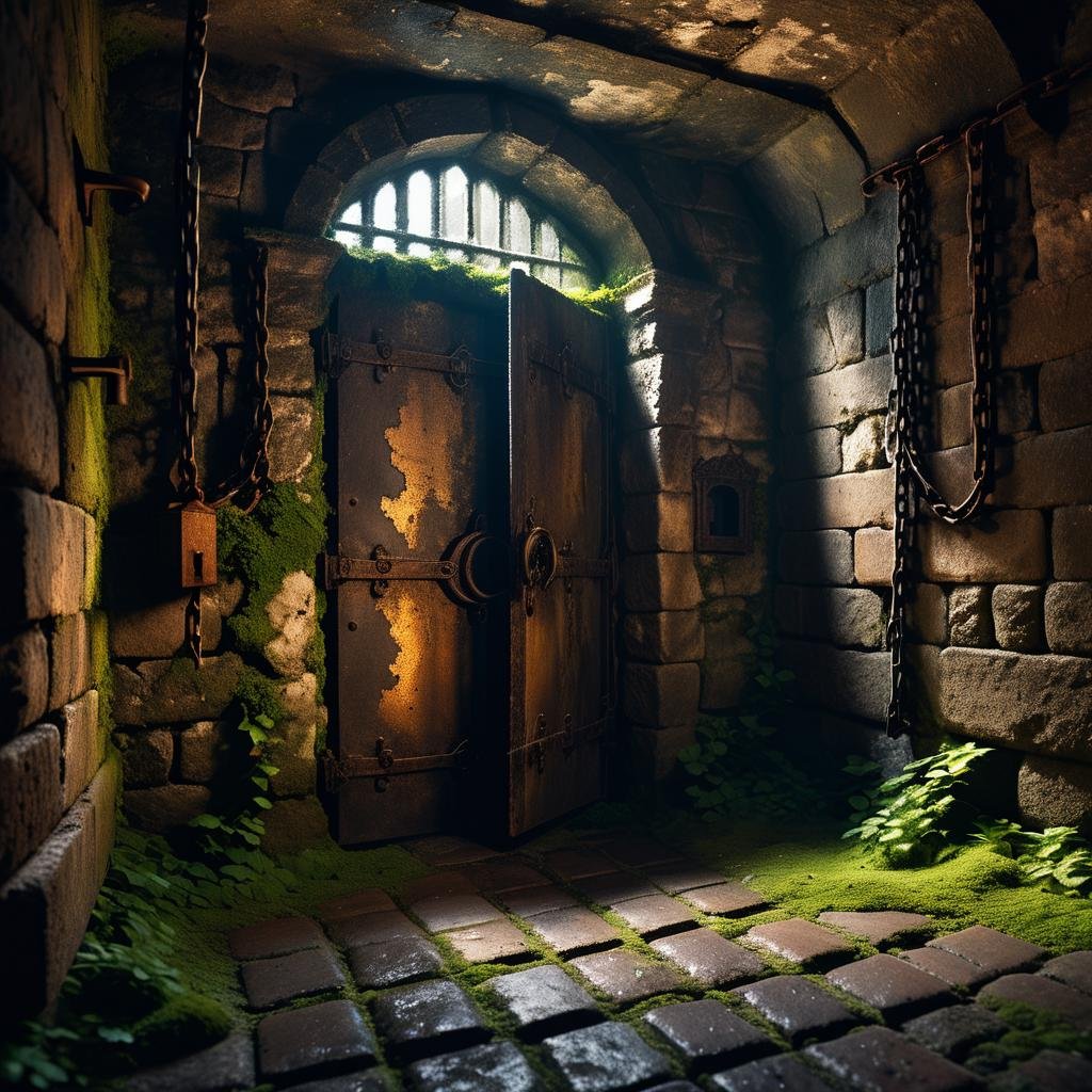 A dark and grim medieval castle dungeon,  designed for imprisoning captives. The walls are made of aged,  damp stone brick...