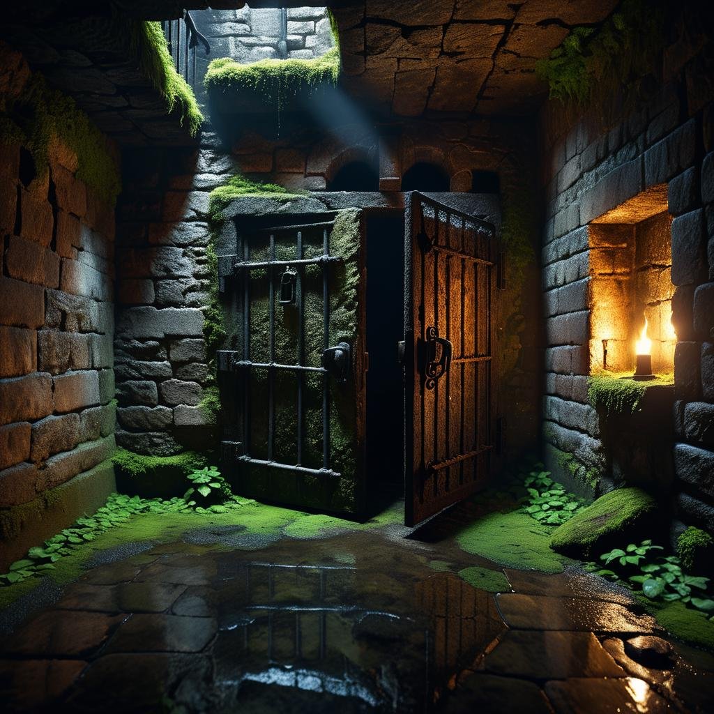 A dark and grim medieval castle dungeon,  designed for imprisoning captives. The walls are made of aged,  damp stone brick...