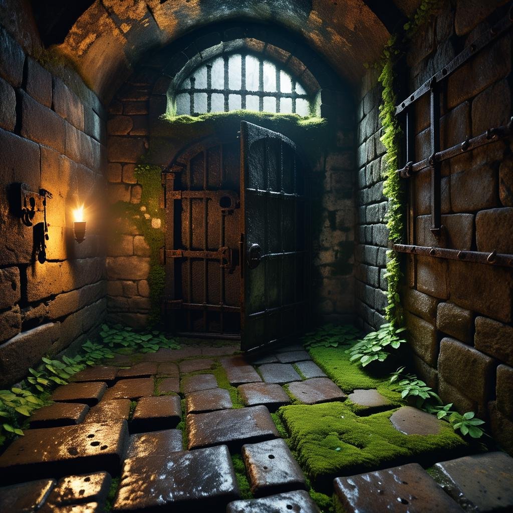 A dark and grim medieval castle dungeon,  designed for imprisoning captives. The walls are made of aged,  damp stone brick...