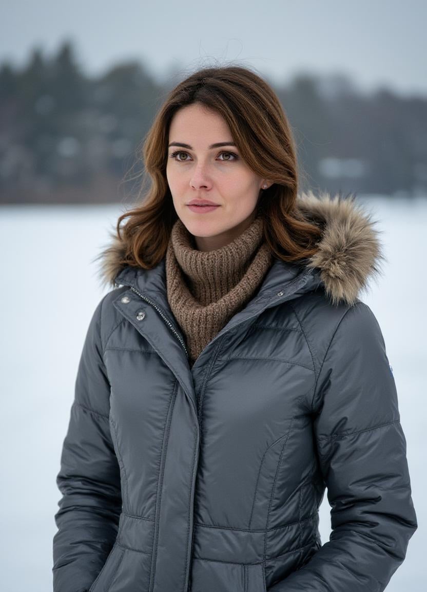 SFW,  The image is a portrait of a woman standing in a snowy landscape. She is wearing a gray puffer jacket with a fur hoo...