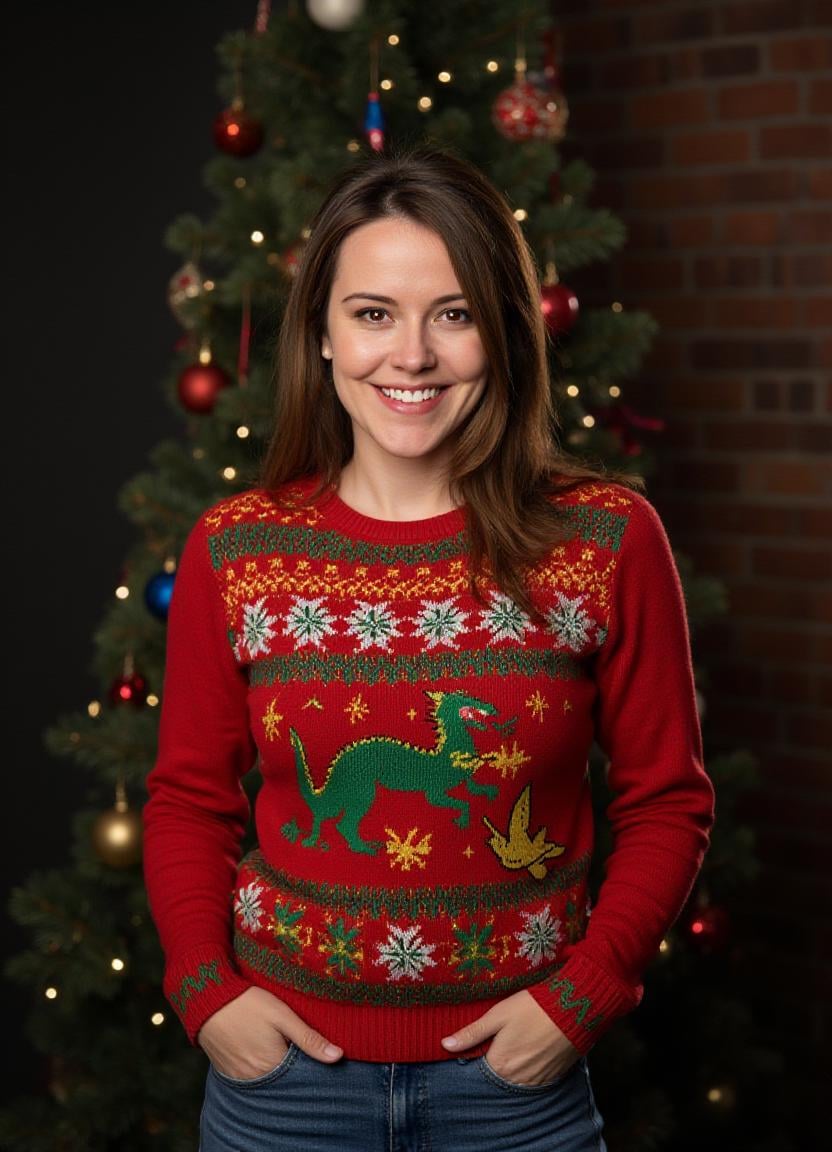 SFW,  The image is a portrait of a woman standing in front of a Christmas tree. She is wearing a red sweater with a festiv...