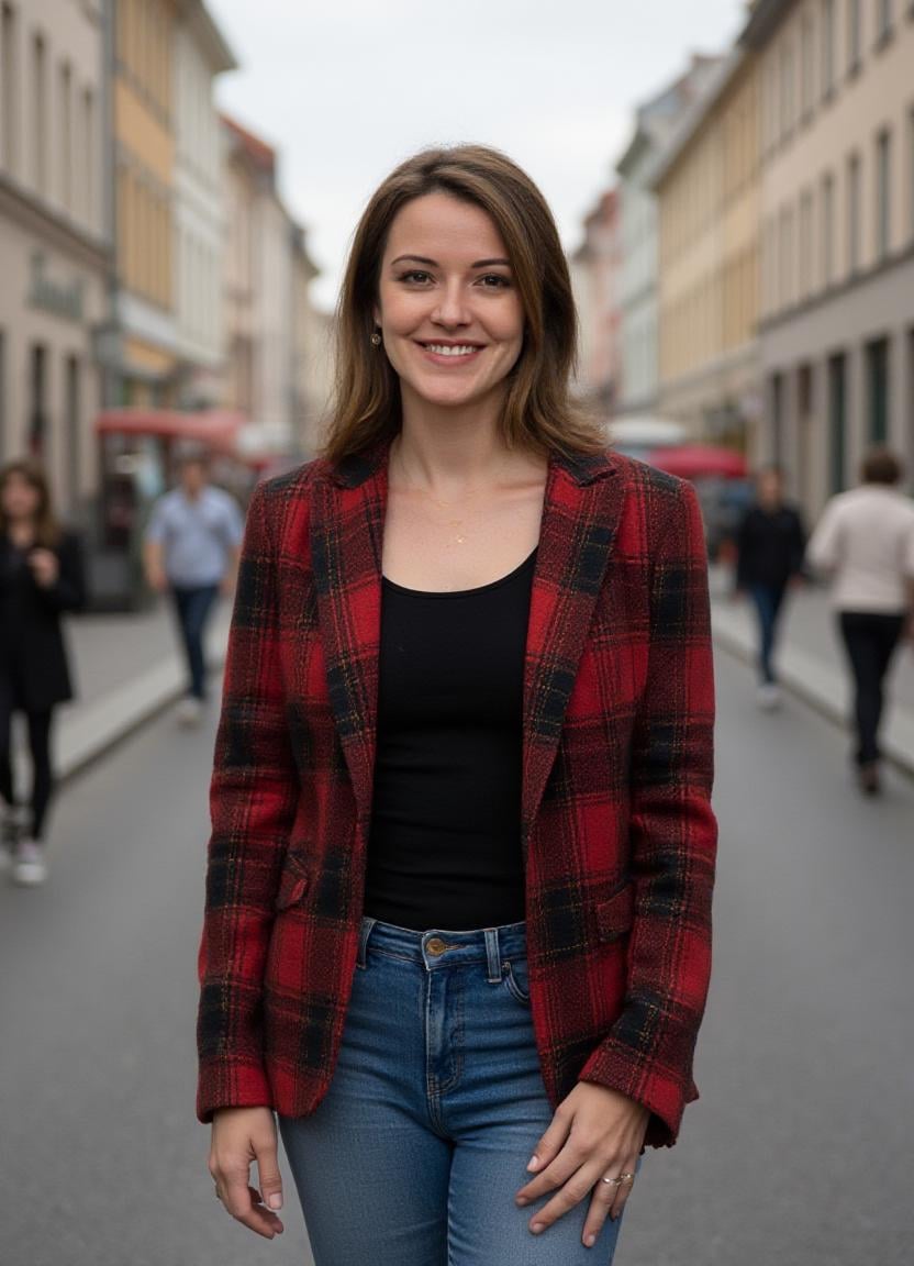 SFW,  The image is a portrait of a woman standing on a busy street in a European city. She is wearing a red and black plai...