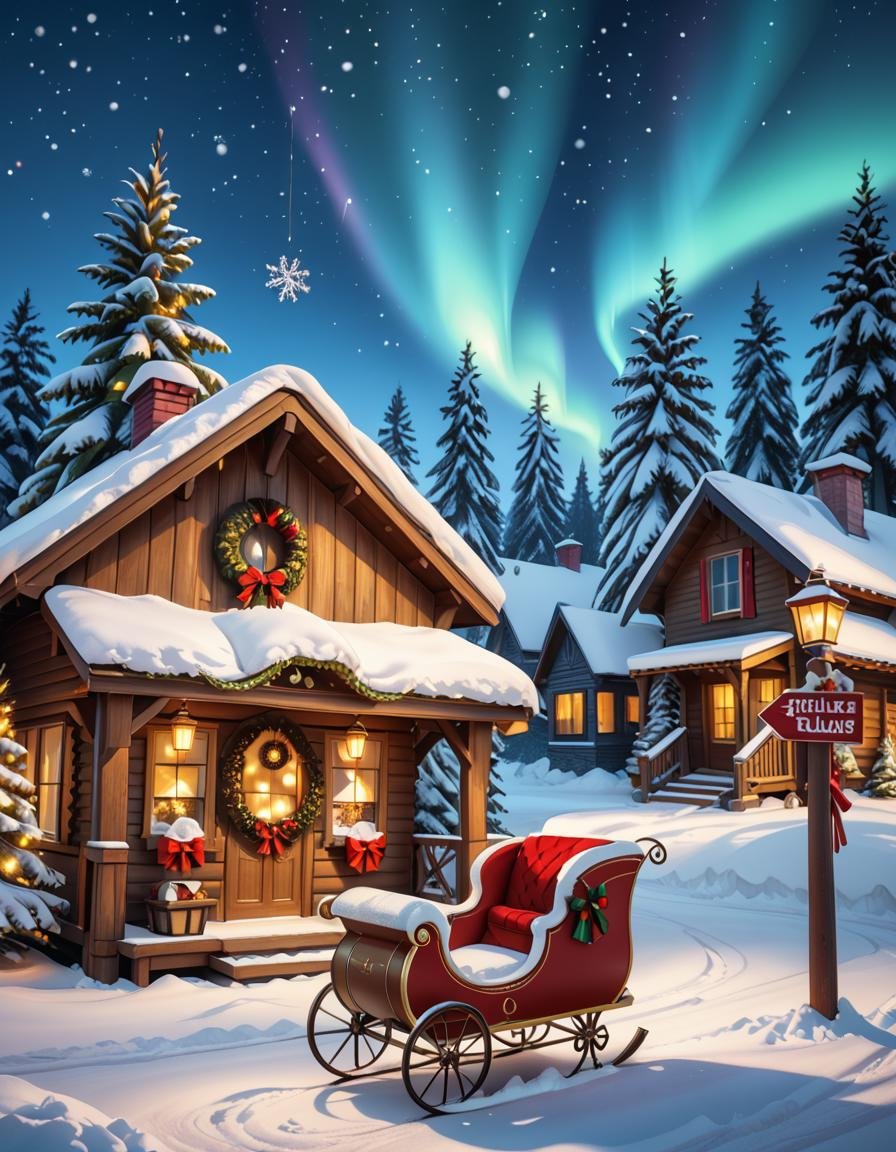 A magical winter scene in Santa Claus Village,  Rovaniemi,  Finland. A cozy wooden cabin with festive decorations stands i...