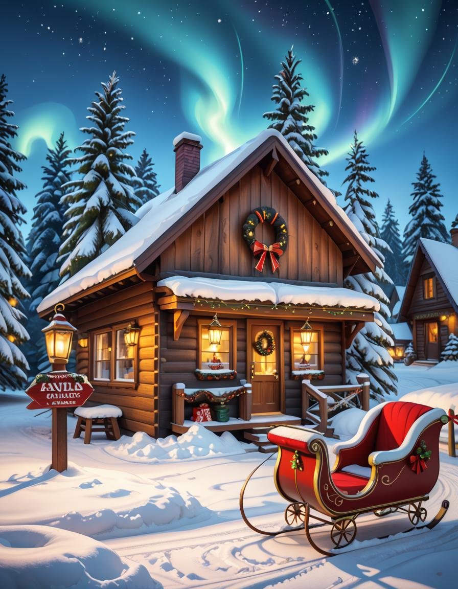 A magical winter scene in Santa Claus Village,  Rovaniemi,  Finland. A cozy wooden cabin with festive decorations stands i...