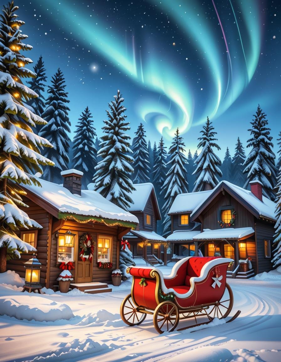 A magical winter scene in Santa Claus Village,  Rovaniemi,  Finland. A cozy wooden cabin with festive decorations stands i...
