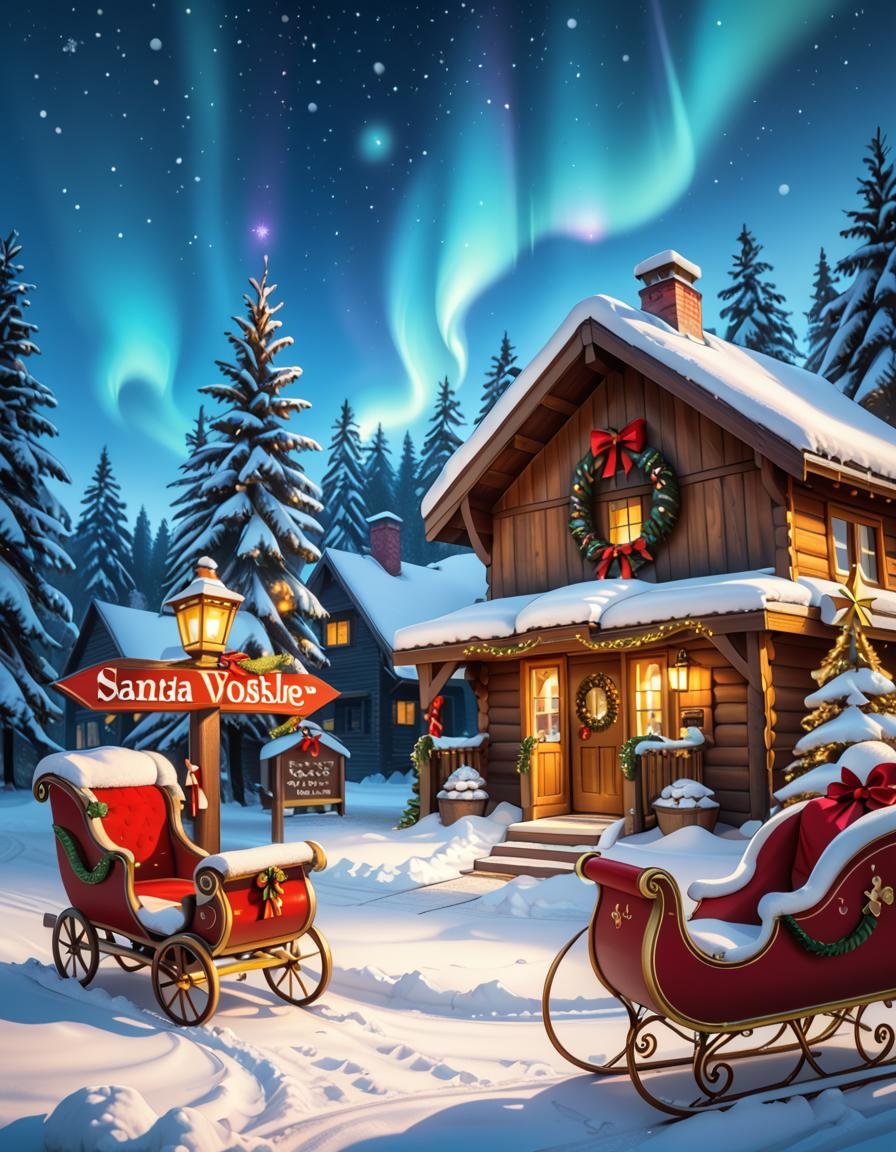 A magical winter scene in Santa Claus Village,  Rovaniemi,  Finland. A cozy wooden cabin with festive decorations stands i...