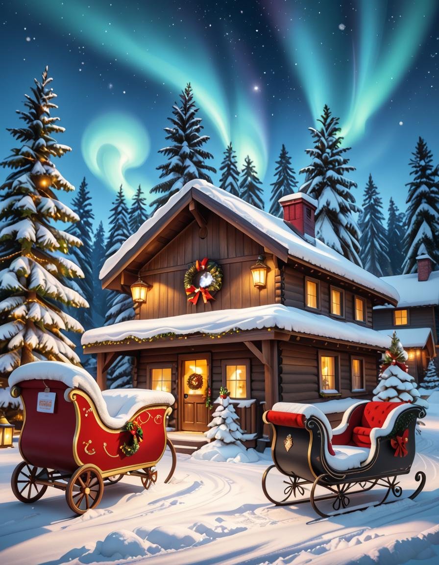 A magical winter scene in Santa Claus Village,  Rovaniemi,  Finland. A cozy wooden cabin with festive decorations stands i...