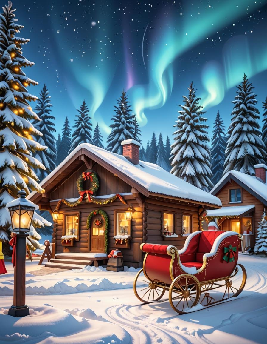A magical winter scene in Santa Claus Village,  Rovaniemi,  Finland. A cozy wooden cabin with festive decorations stands i...