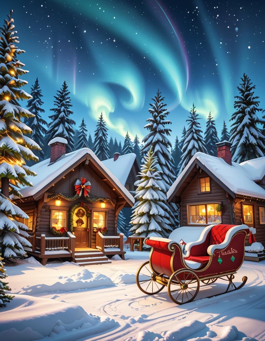 A magical winter scene in Santa Claus Village,  Rovaniemi,  Finland. A cozy wooden cabin with festive decorations stands i...